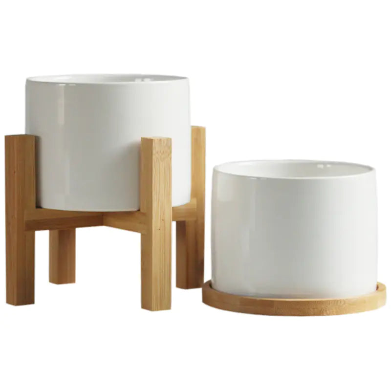 Minimalist Ceramic Flower Pot with Bamboo Stand