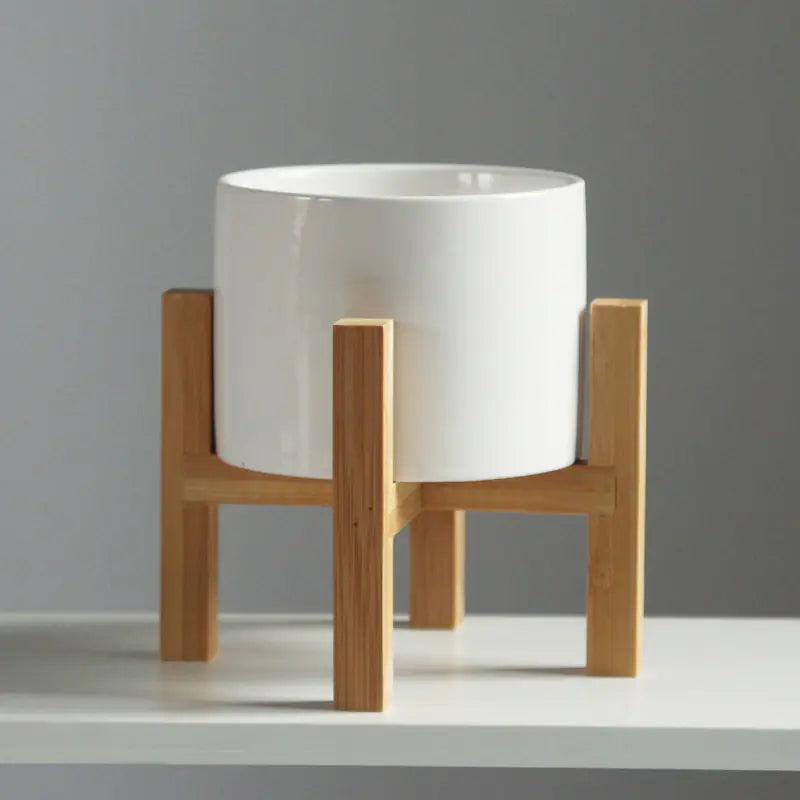Minimalist Ceramic Flower Pot with Bamboo Stand