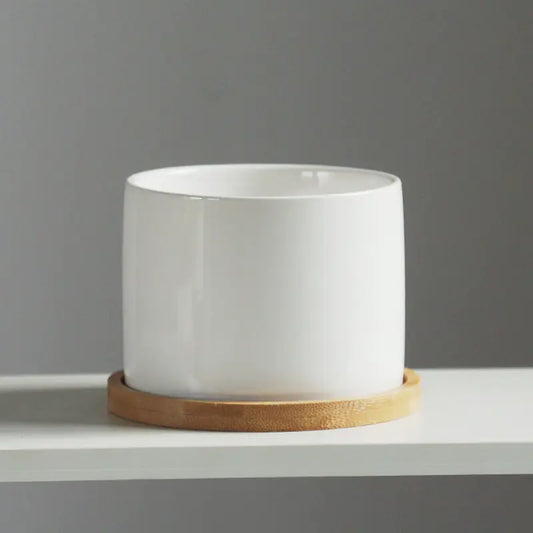 Minimalist Ceramic Flower Pot with Bamboo Stand