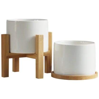 Minimalist Ceramic Flower Pot with Bamboo Stand